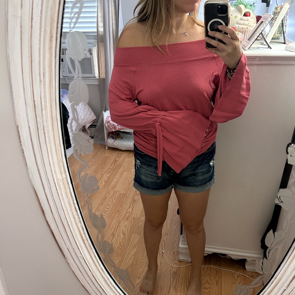 Express off the shoulder sweatshirt material sweater